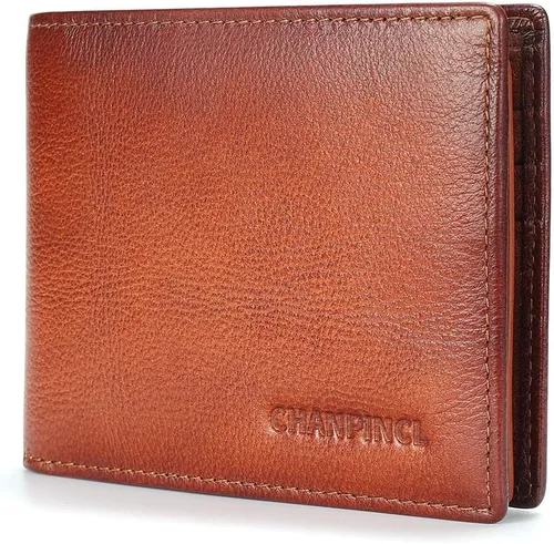 Miniatura 33 de Billetera de piel triple con bloqueo RFID para hombre con 2 ventanas de identificación, 2 compartimentos para efectivo, 6-8 ranuras para tarjetas
