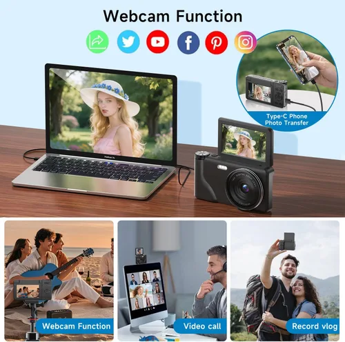 Miniatura 7 de Cámara digital 4K 64MP con pantalla abatible de 3 pulgadas de 180°, cámara fotográfica de enfoque automático para YouTube, cámara de viaje compacta