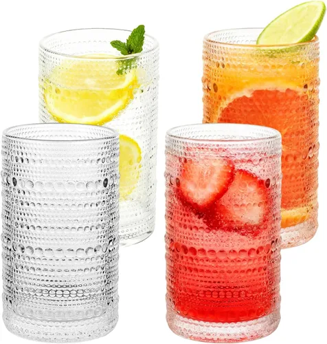 Hobnail - Juego de 4 vasos de 12 onzas de estilo vintage, vidrio grueso y duradero, interior liso, apto para lavavajillas para agua, jugo, vino,