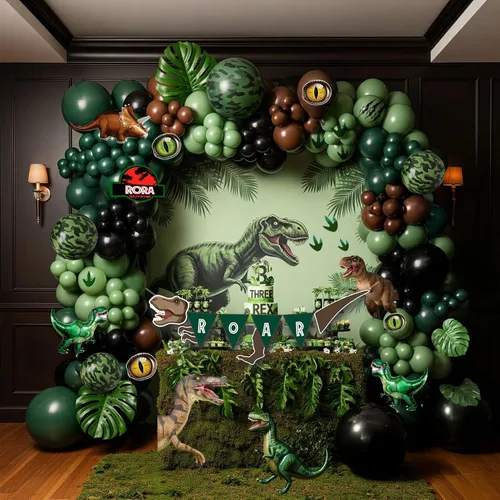Miniatura 7 de Decoraciones de Fiesta de Cumpleaños de Dinosaurio kit de arco de globos verde cazador negro marrón con mini globos de papel de aluminio de dino