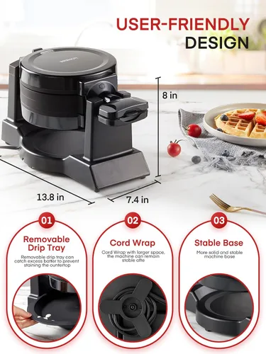 Miniatura 5 de Máquina para hacer gofres, plancha para gofres belga doble de 1400 W, giro de 180°, 8 rebanadas en 3 minutos, platos giratorios y antiadherentes