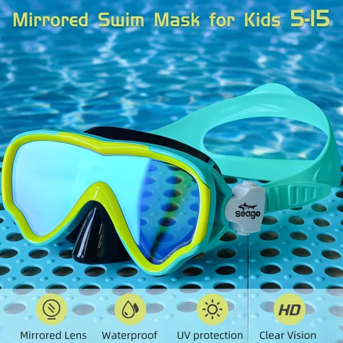 Miniatura 7 de Seago Gafas de natación para niños, máscara de buceo para jóvenes (5-15), antivaho 180° visión clara Azul(Mirrored Blue)