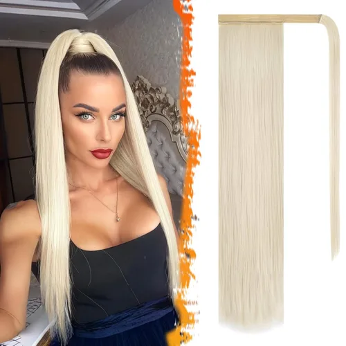 Miniatura 90 de BARSDAR Extensión de cola de caballo de 28 pulgadas largo recto envoltura alrededor del clip en pelo de fibra sintética para mujeres, negro