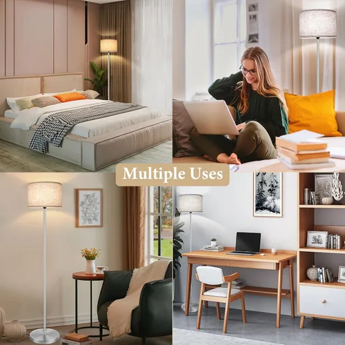 Miniatura 7 de Lámpara de pie de 65’’ moderna y simple con interruptor de pie, lámpara de pie plateada para sala de estar con bombilla LED de 3 colores Plata+crema