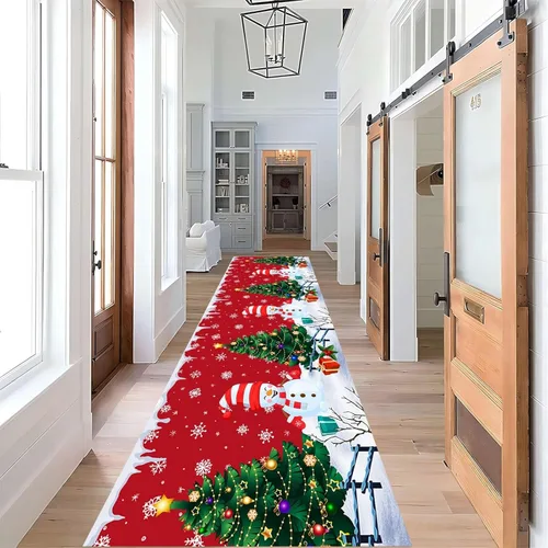 Miniatura 18 de Alfombra de pasillo de Navidad, 1.3 x 7 pies, alfombra de pasillo de renos con copos de nieve, color blanco, alfombra de pasillo estilo bohemio rojo