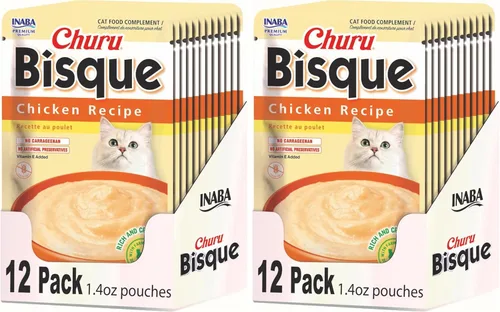 Miniatura 15 de INABA Churu Bisque para gatos, plato de puré cremoso para lamer con vitamina E, 1.4 onzas por bolsa, 12 bolsas, receta de pollo