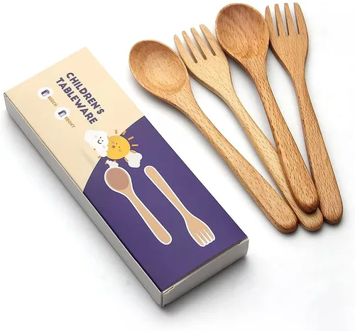 Miniatura 6 de YFWOOD 4 utensilios para niños pequeños, tenedores y cucharas de madera natural, esenciales para la alimentación del bebé, cubiertos seguros