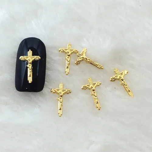 Miniatura 2 de WOKOTO 100 dijes de uñas de crucifijo dorado 3D para arte de uñas 3D, dijes de uñas de metal dorado para decoración de uñas, accesorios de bricolaje
