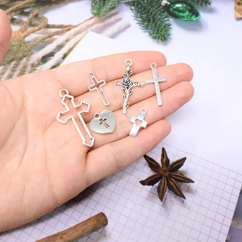 Miniatura 7 de yueton 60 dijes de aleación con forma de corazón y cruz, colgantes de la suerte, colgantes de oración para llaveros, aretes, pulseras, collares