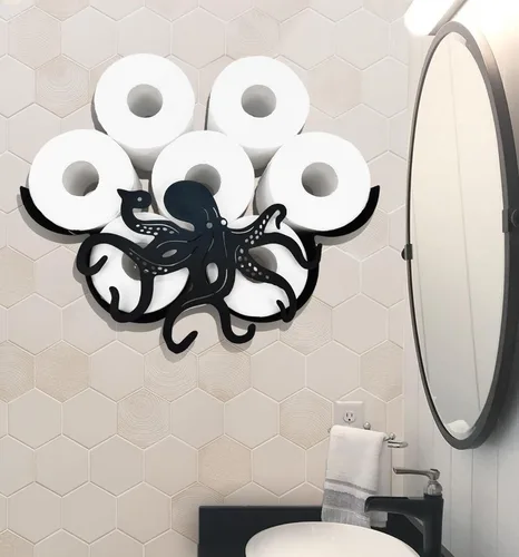 Miniatura 2 de Octopus - Almacenamiento de papel higiénico de pared de metal, soporte de papel higiénico negro, soporte de papel de metal decorativo de animales