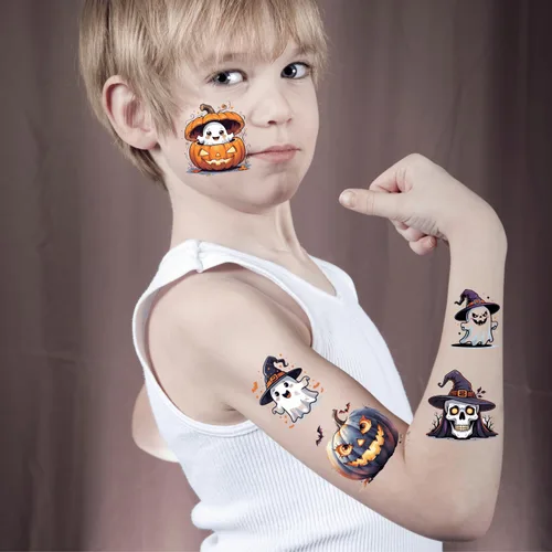 Miniatura 4 de Tatuajes temporales de Halloween que brillan en la oscuridad: 108 hojas envueltas individualmente, calcomanías luminosas de tatuaje, recuerdos