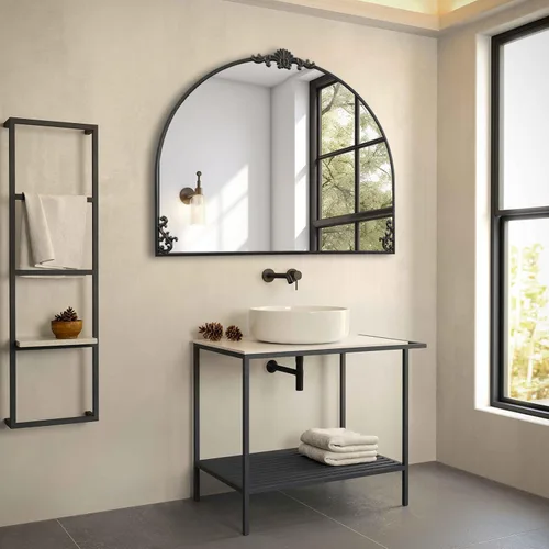 Miniatura 5 de POZINO Espejo arqueado negro, espejos de pared barrocos, espejo adornado tradicional de 36 x 30 pulgadas, espejos victorianos antiguos de granja
