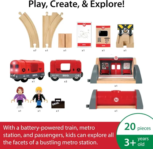 Miniatura 4 de Set de ferrocarril urbano BRIO - Set de 20 piezas con certificación FSC de madera y accesorios - Locomotora con luz y sonido, quiosco, pistas