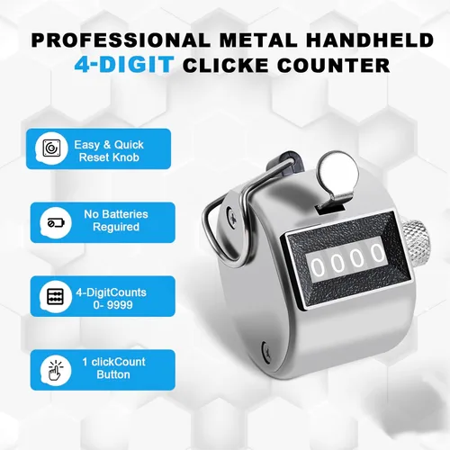 Miniatura 2 de Contador de clicker de metal contador de pulsación de mano, manual mecánico de 4 dígitos contador de clics, contador de clicker digital de una mano