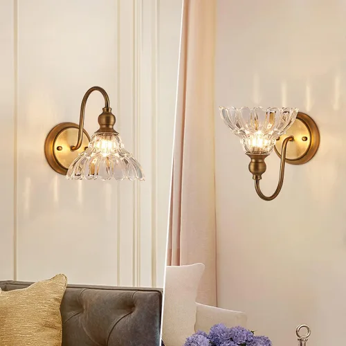 Miniatura 6 de Aplique de pared de latón vintage bronce, luz de pared de baño hecha de cuerpo de cobre electrochapado y vidrio estampado prensado, luces de tocador