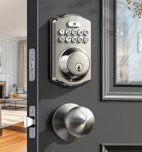 Miniatura 11 de Veise Cerradura de puerta de entrada sin llave con 2 perillas, cerrojo electrónico retroiluminado con asa, bloqueo automático, códigos únicos, Negro