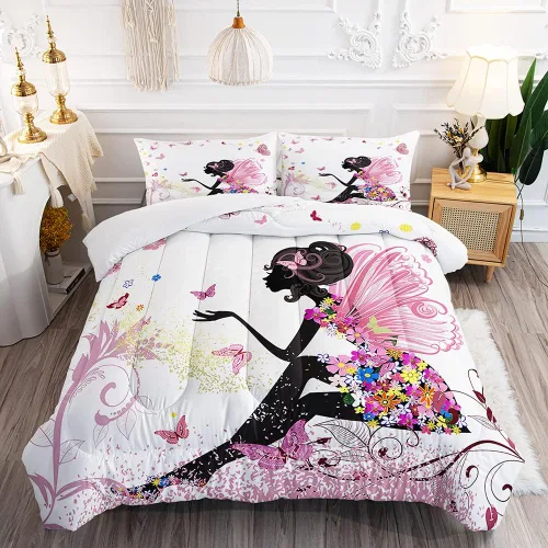 Juego de edredón romántico para niña de hada, mariposa, flor, hada, para niños y adolescentes, tamaño individual, alas rosas en un vestido floral,