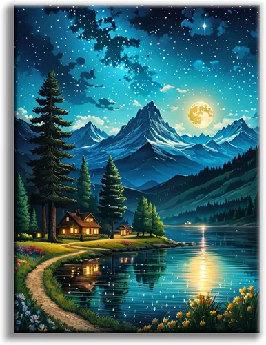 Miniatura 13 de Kits de pintura de diamantes de cielo estrellado Offito para adultos, kits de pintura de diamantes 5D Aurora Lake para principiantes, fantásticos