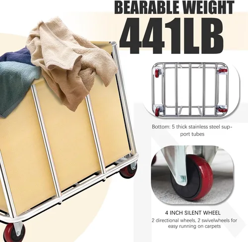 Miniatura 3 de Carrito de lavandería comercial con ruedas, gran rodillo de 11.35 bushels con cesta desmontable forrada en lona impermeable, acero inoxidable Negro