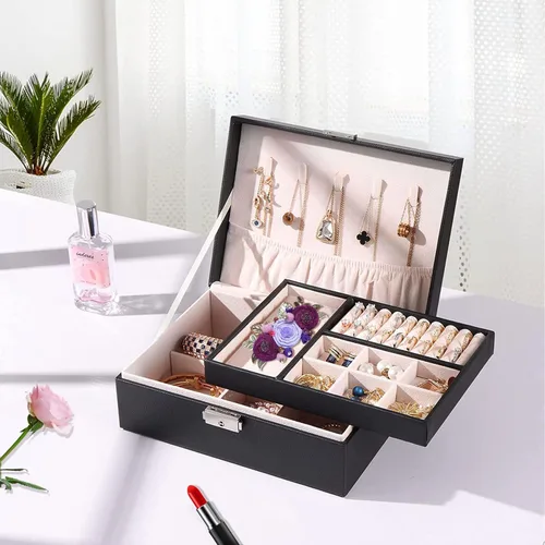 Miniatura 6 de YEEKEN Joyero organizador para mujeres y niñas, 2 capas grandes con cerradura, regalo ideal de piel sintética con bandeja extraíble para collares
