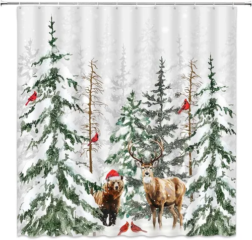Cortina de ducha con diseño de oso de ciervo, bosque de invierno, animales salvajes, pájaros rojos, alce, escena de nieve, pino, abeto, Navidad,