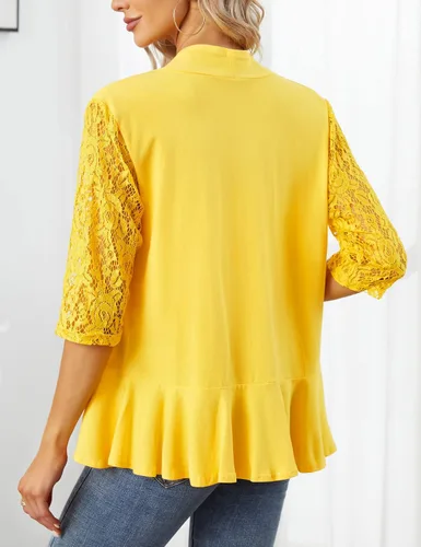 Miniatura 6 de KOJOOIN Blusas para mujer, ligeras, manga 34, casual, con encaje, parte delantera abierta, con volantes drapeados