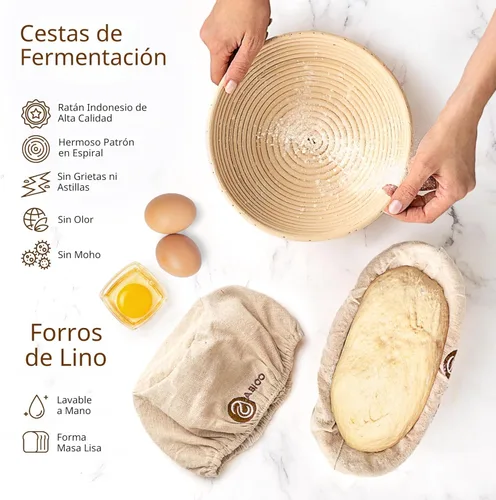 Miniatura 3 de Banneton - Juego de cestas a prueba de pan y suministros para hornear pan de masa madre, herramientas esenciales de masa madre con cestas redondas