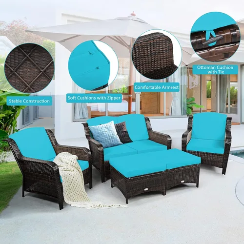 Miniatura 9 de COSTWAY Juego de muebles de mimbre de mimbre para patio, sofá biplaza con otomanas y sillas acolchadas, juegos de conversación para jardín al aire