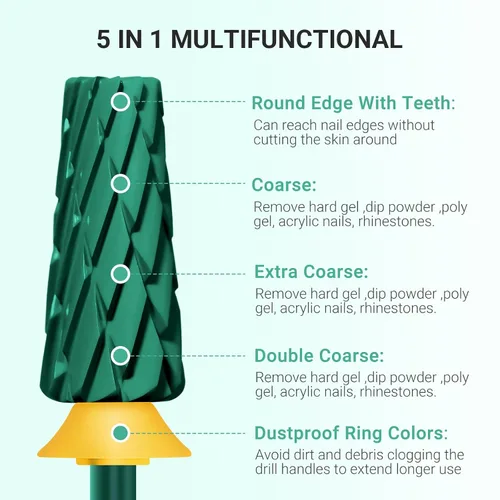 Miniatura 4 de MelodySusie Super Cut Edition Brocas para Uñas 5 en 1, Brocas Multifunción de Carburo de Tungsteno de 3/32'', Adecuadas para Manicura Pedicura