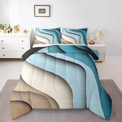Miniatura 17 de Erosebridal Juego de edredón a rayas azules, juego de ropa de cama tamaño King, juego de ropa de cama moderno minimalista y colecciones con temática