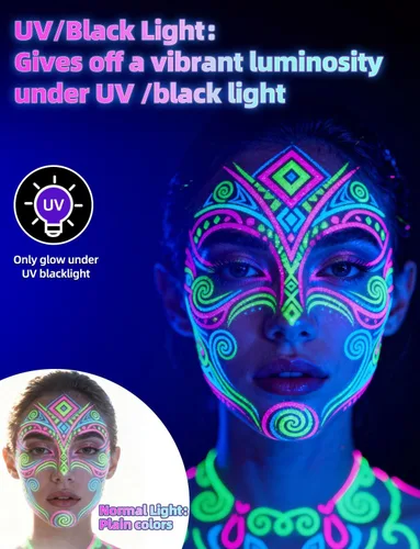 Miniatura 3 de 6 botellas, 28.3 g Pintura UV para el cuerpo brillante con luz negra fluorescente, segura para la piel, lavable, no tóxica, kit de seis
