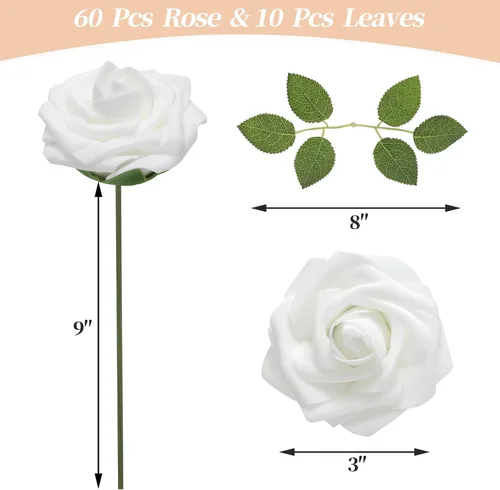 Miniatura 2 de DerBlue 60 rosas artificiales con tallo y 10 hojas verdes, rosas falsas de aspecto real, rosas artificiales de espuma para decoración de bodas