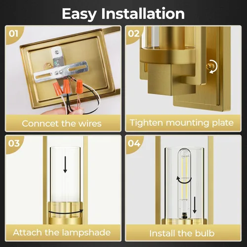 Miniatura 7 de CINOTON Apliques de Pared Dorados Juego de 2, Lámpara de Pared Montada de 15" Oro Cepillo, Apliques de Pared Vintage con Conexión Eléctrica AC 120V