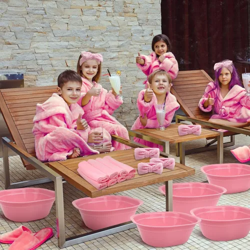 Miniatura 7 de Kit de spa de pies para niños, 32 piezas, color rosa claro de 8 pies para remojo, 8 toallas, 8 bandas para el cabello y 8 máscaras de ojos