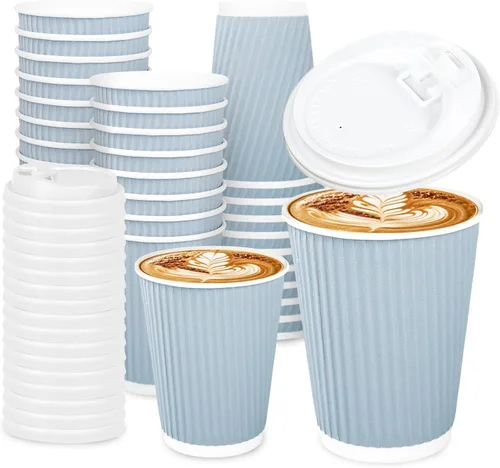 Miniatura 11 de Whaline 100 tazas de café desechables de color azul polvoriento de invierno con tapas, tazas de papel azul degradado de 12 onzas, tazas calientes