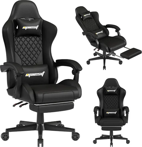 Silla de gamer, sillas ergonómicas de computadora para adultos con reposapiés, silla de oficina de piel sintética con soporte lumbar ajustable y