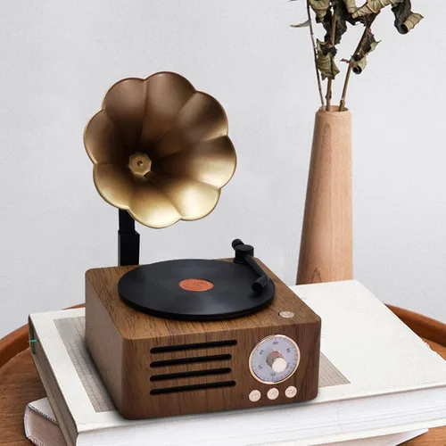 Miniatura 8 de Altavoz de tocadiscos vintage, tocadiscos portátil de grano de madera, altavoz Bluetooth con bocina de cobre, función de radio FM, diseño compacto