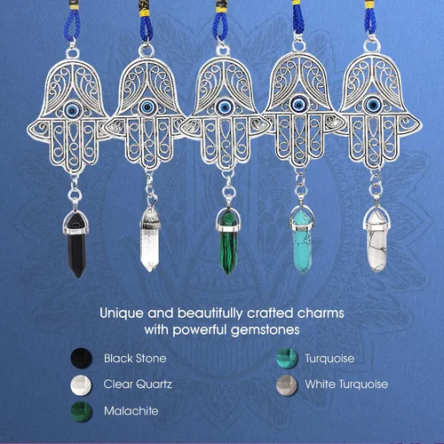Miniatura 7 de LUCKBOOSTIUM Silver Ornate Hamsa Hand Jeweled Keychain - Evil Eye Protection, Hanging Gemstone - Good Luck Charms 1.8"x9