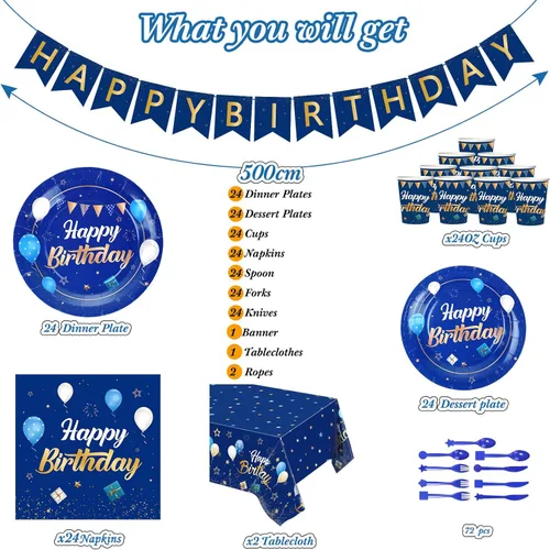 Miniatura 3 de Pajean Juego de vajilla azul y dorado para fiesta de cumpleaños, decoración de cumpleaños azul marino para hombres, pancartas y manteles, platos