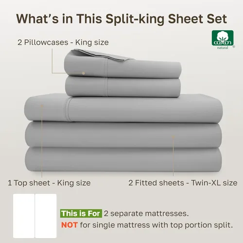 Miniatura 5 de Juego de sábanas split king para cama ajustable de 100% algodón natural satinado de 400 hilos, transpirables/duraderas, con esquinas 07 - Gris claro
