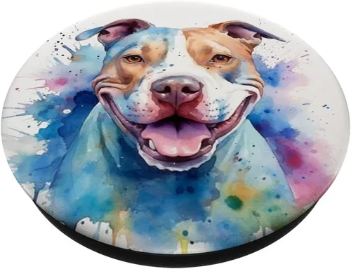 Miniatura 2 de Pitbull Sonriente Acuarela Amante de Perros Arte PopSockets intercambiables PopGrip