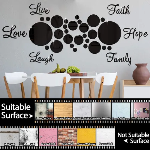Miniatura 7 de Zonon Espejo acrílico 3D para decoración de pared, 6 palabras, bricolaje, fe, risa, esperanza, amor, familia, espejo, decoración de pared, 26 Negro