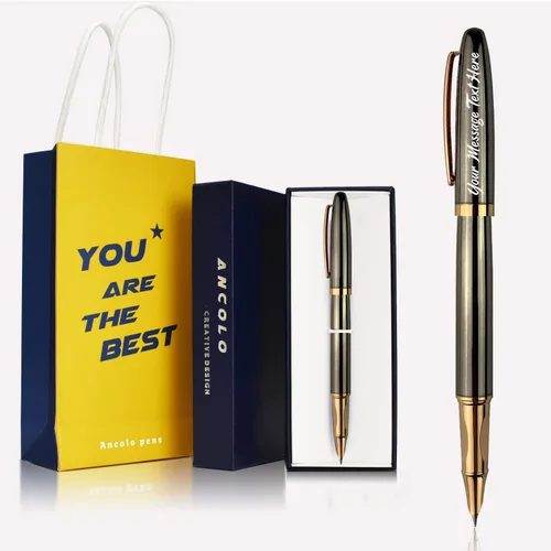 Miniatura 8 de Ancolo Pluma estilográfica personalizada con cuerpo de metal con caja para bolígrafos, 2 cartuchos de tinta negra personalizados con tu mensaje