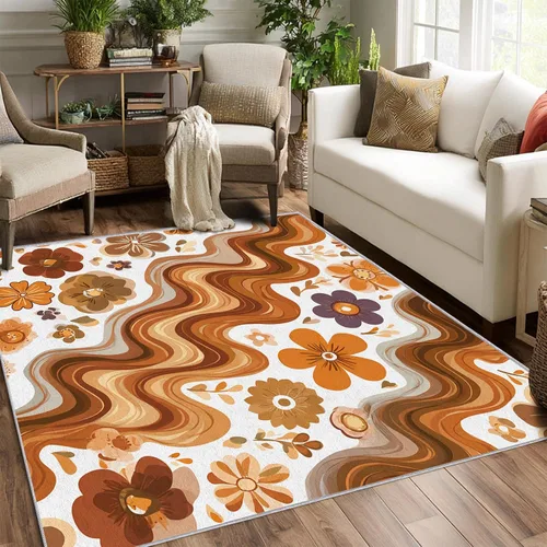 YZO133 - Alfombra retro de los años 70, pequeña, lavable de 2 x 3 pulgadas, para entrada, diseño abstracto de ondas florales, decoración retro de