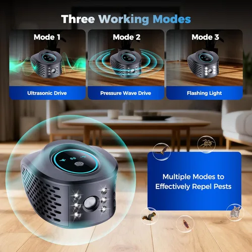Miniatura 5 de Repelente de roedores con enchufe ultrasónico, repelente de plagas ultrasónico de 360° para interiores con luz estroboscópica LED para casa