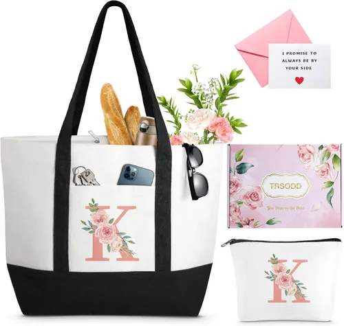 Miniatura 15 de TRSODD Regalos de cumpleaños para mujer, bolsa de lona con inicial con correa ajustable para el hombro y bolsa de maquillaje, regalos para mamá