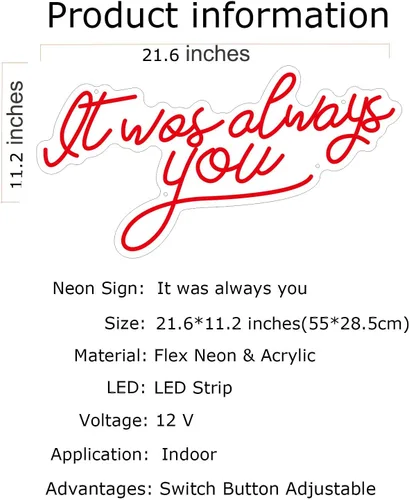 Miniatura 4 de Letreros de luz LED de neón con texto en inglés «It was Always You» para cerveza, bar, club, dormitorio, oficina, hotel, pub, cafetería, boda, Rojo