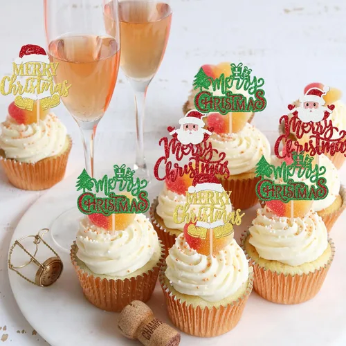Miniatura 6 de 24 piezas de adornos para cupcakes de Navidad dorados verdes y rojos con purpurina, Papá Noel, árbol de Navidad, adornos para cupcakes para el tema