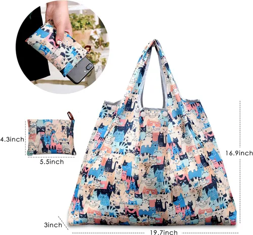 Miniatura 4 de Kingmas - Bolsas reutilizables para alimentos, plegables, ecológicas, aptas para el bolsillo, lavables, impermeables, de nailon, bolsas con asa Gato