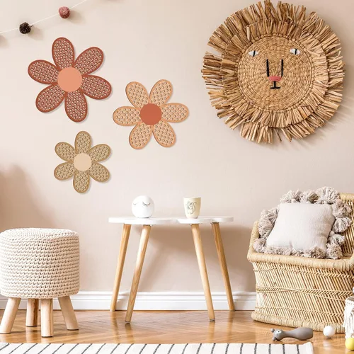 Miniatura 5 de Maitys 3 piezas de decoración de pared de margaritas bohemias, flores de ratán natural, arte bohemio de madera, flores de guardería, decoración